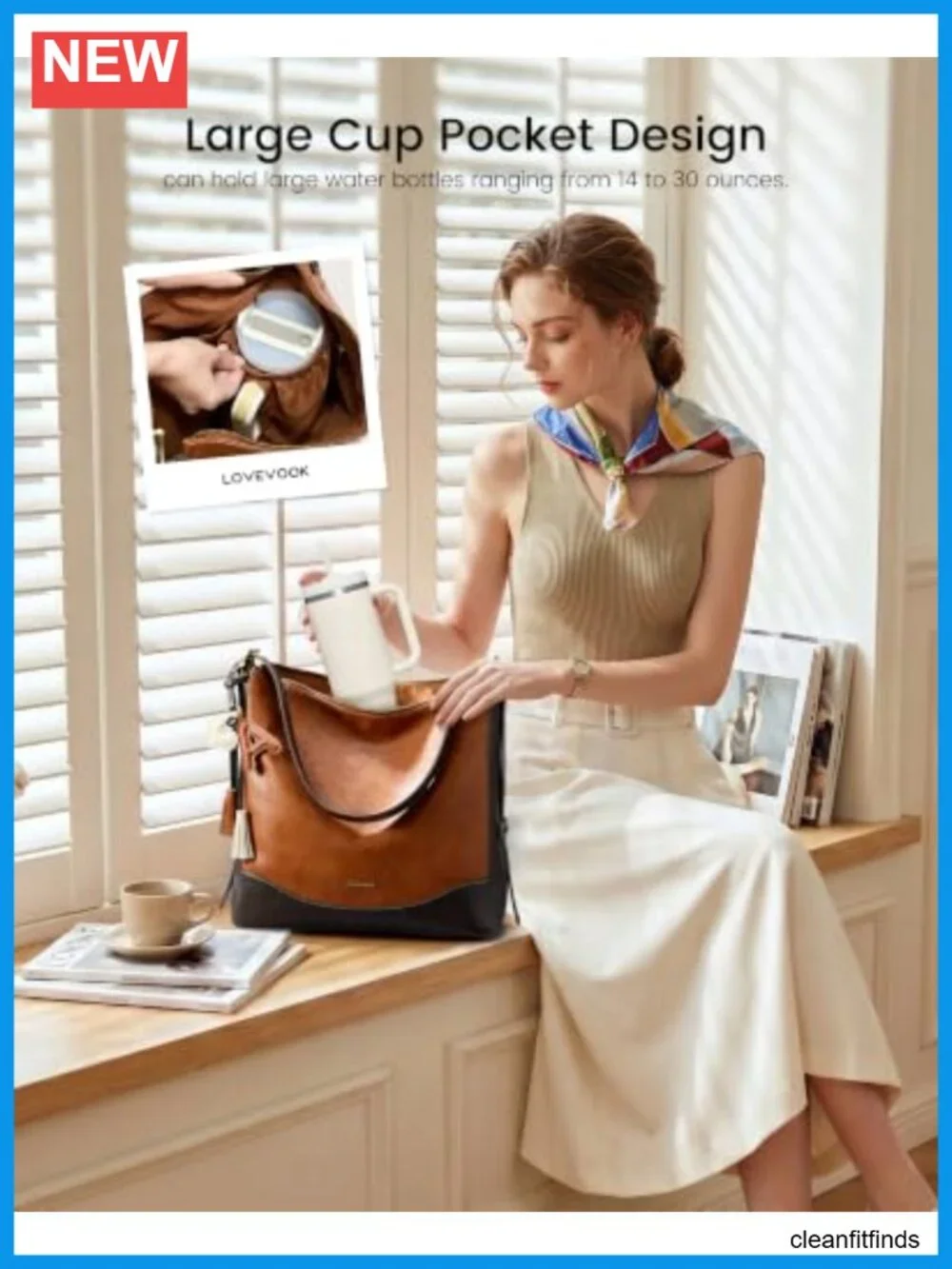 Vegan Leather Hobo Bag with Initial Charm, Hidden Cup Holder, Crossbody